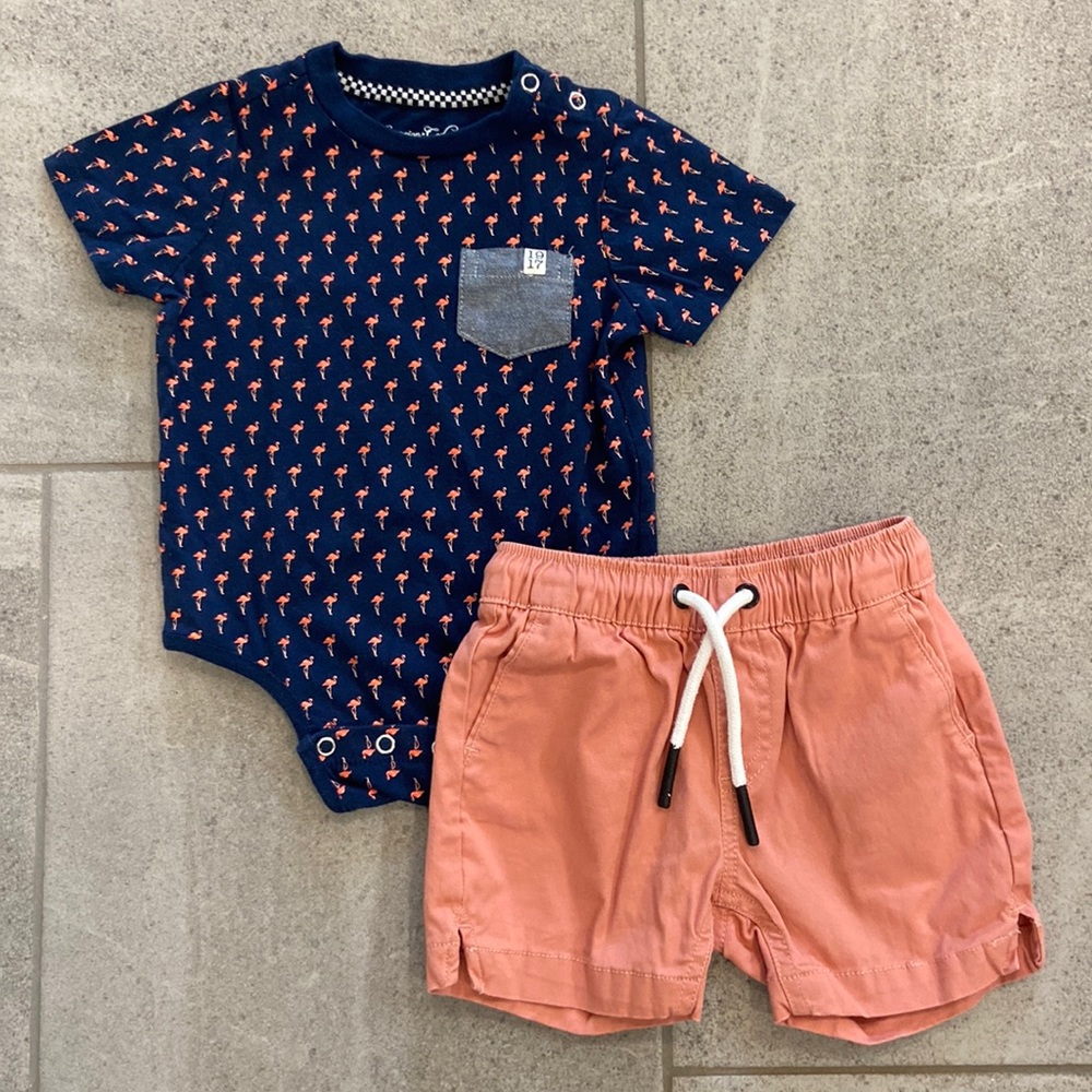 Sovereign Code Baby Boy Flamingo Onesie & Shorts, Sz 9 Months
